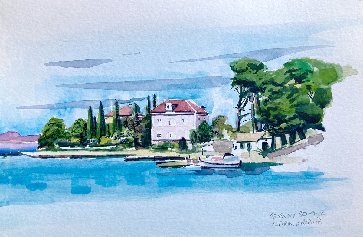 Illustrative Landscape Watercolour By Paul Gurney, 10 X 7", Pink House, Original Artwork