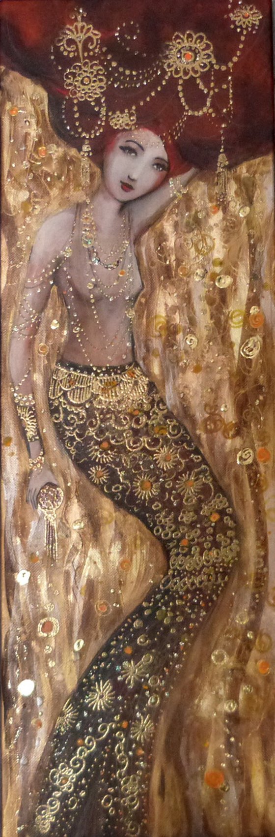 Gold abyss 20 x60 cm.Mermaid woman in gold.