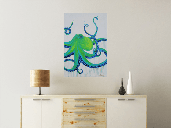 Large Abstract Octopus Painting. Acrylic painting on canvas. Ocean Animals Painting 61x91cm.