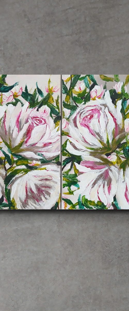 Abstract Flowers Diptych Original Acrylic Artwork Roses Painting Large Flowers Painting by JuliaP Art