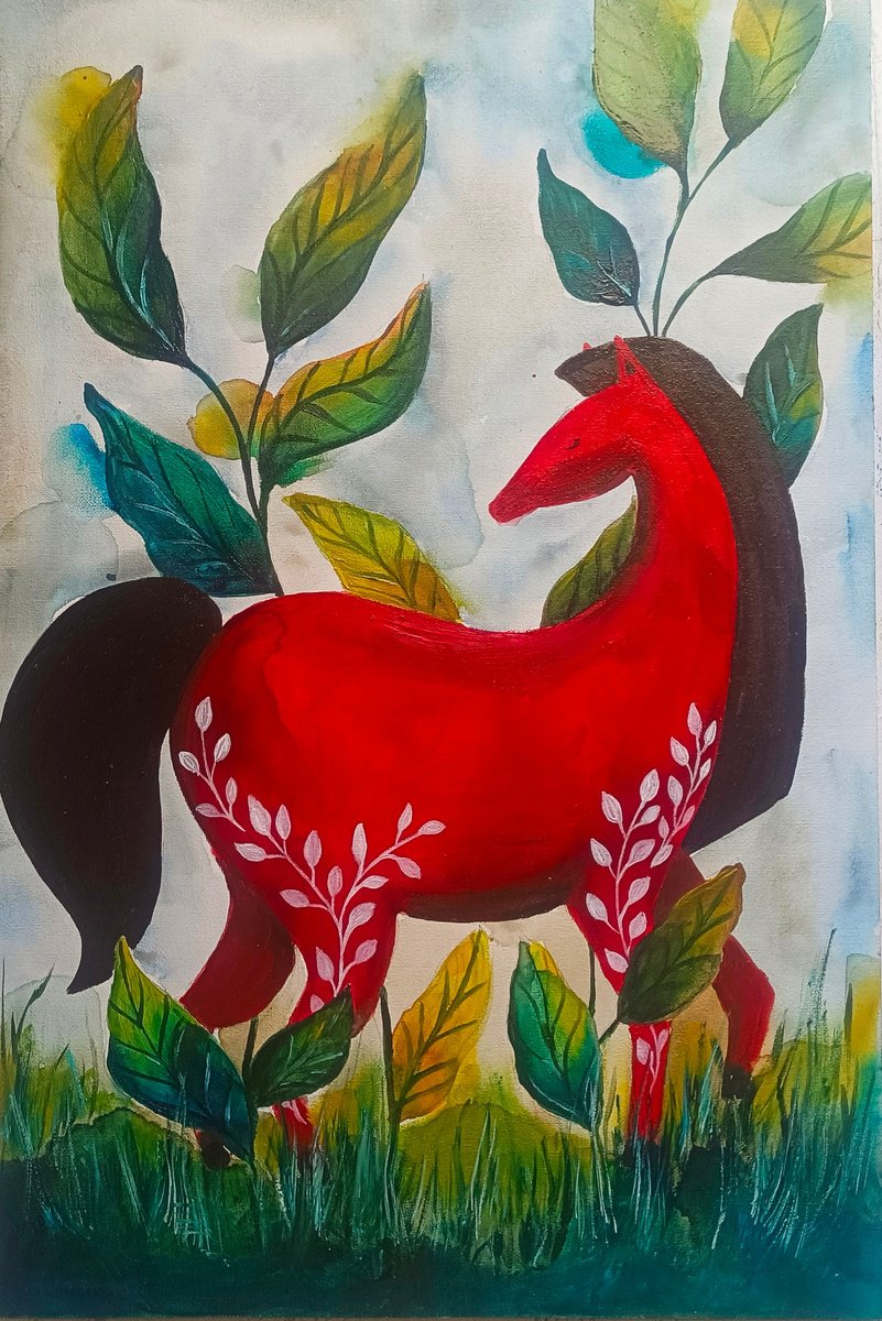 Surrealistic Animal Painting By Evgenia Smirnova, 12 X 18, Red Horse, Original Artwork