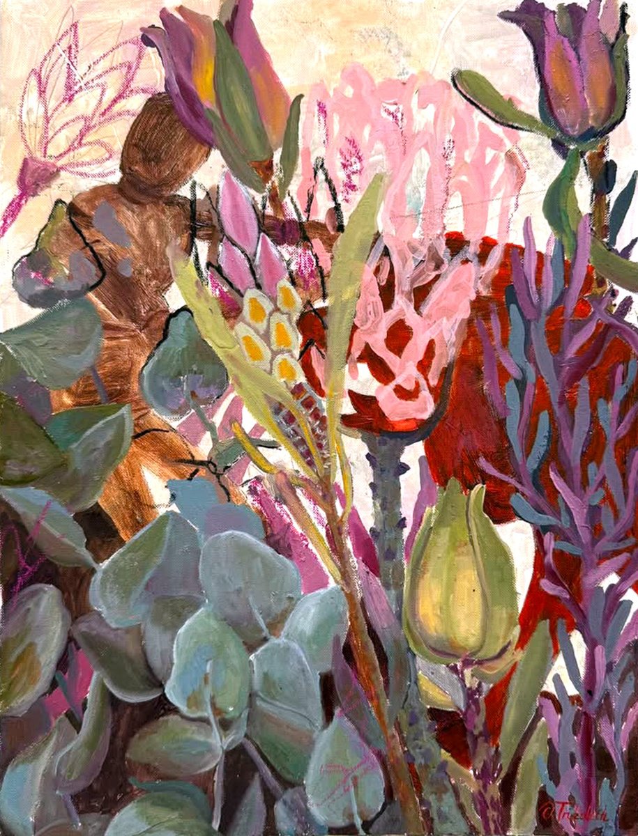 Abstract Botanical Oil Painting By Olha Trykolich, 12 X 16", Strength, Original Artwork