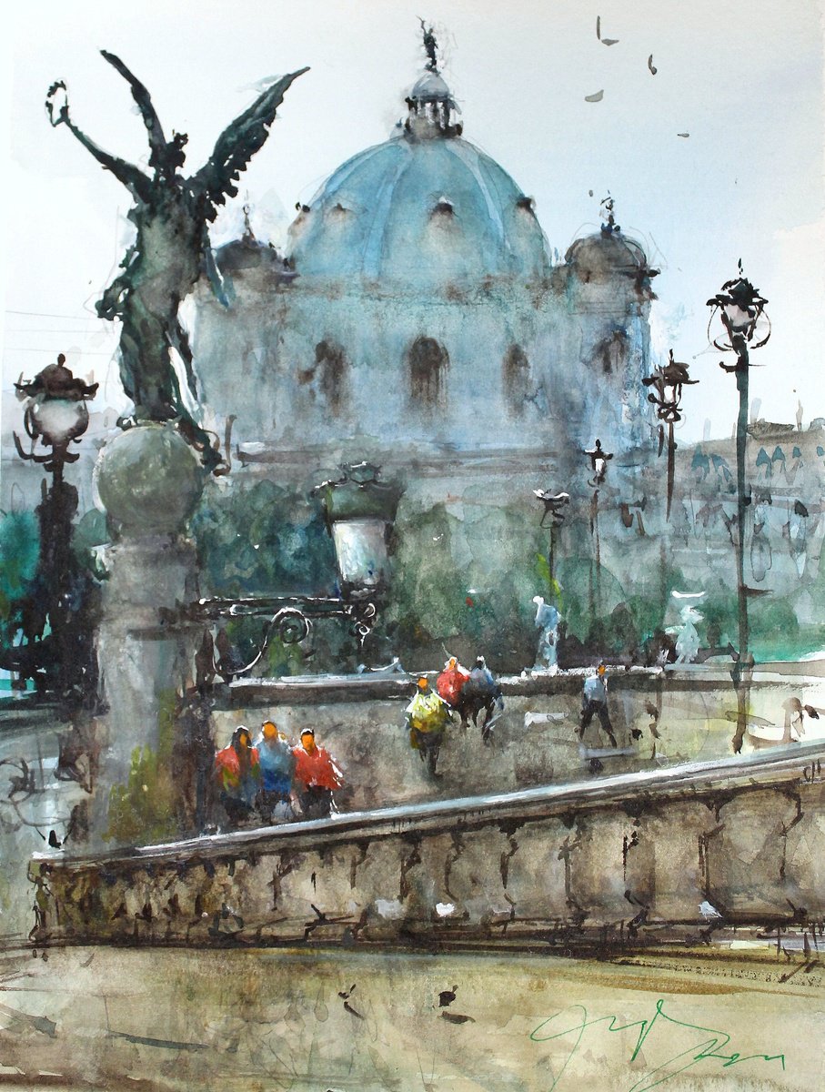 Impressionistic Cityscapes Watercolour By Maximo Damico, 9 X 12", Maria Theresien Platz, Original Artwork