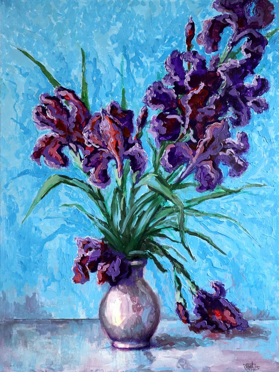 Impressionistic Botanical Acrylic Painting By Rakhmet Redzhepov, 24 X 31", Irises On Blue, Original Artwork