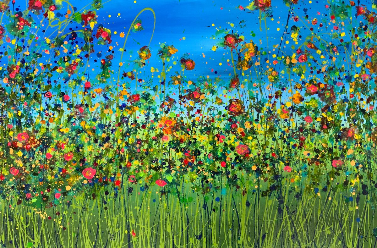 Organic Botanical Acrylic Painting By Jan Rogers, 36 X 24, Jewelled Evening Meadow Xl, Original Artwork