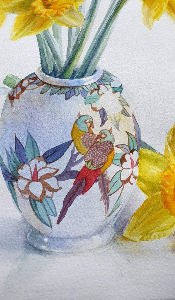 Golden Daffodils in a Chinoiserie Parrot Vase
