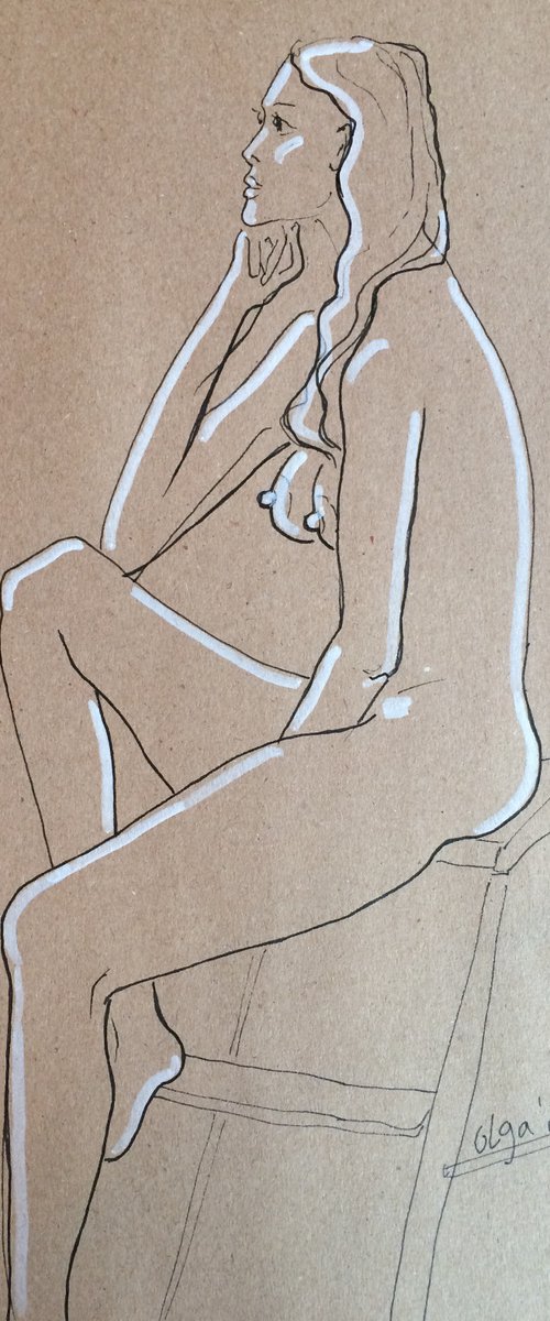 Naked girl- Erotic sketch - Nude seated woman drawing - Sensual gift for Valentine's Day. by Olga Ivanova