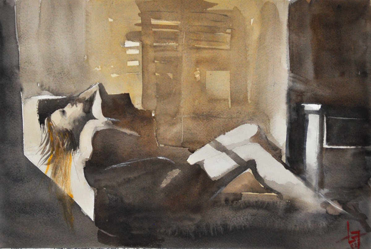 Impressionistic Portrait Watercolour By Flavio Furlan, 21 X 14, Afternoon Relax, Original Artwork