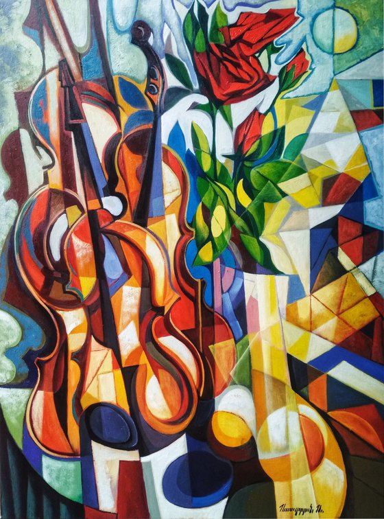 Still life with roses and violin (60x80cm, cubism, oil painting, ready to hang)
