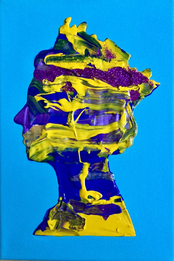 Purple metallic, yellow, gold metallic, turquoise, Queen #30 Abstract Queen Elizabeth  portrait  on sky bluebackground