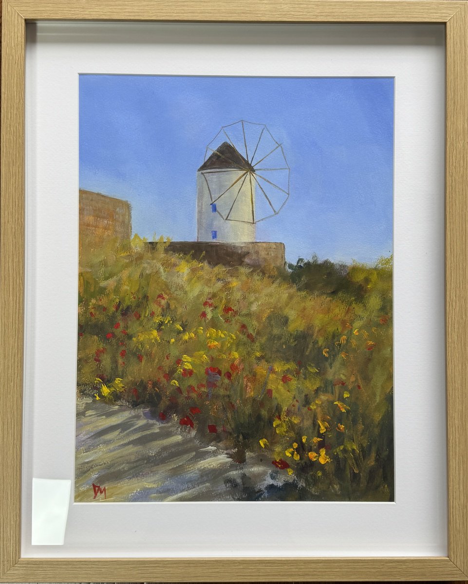 Impressionistic Landscape Acrylic Painting By Shelly Du, 12 X 16", Mykonos Windmill, Original Artwork