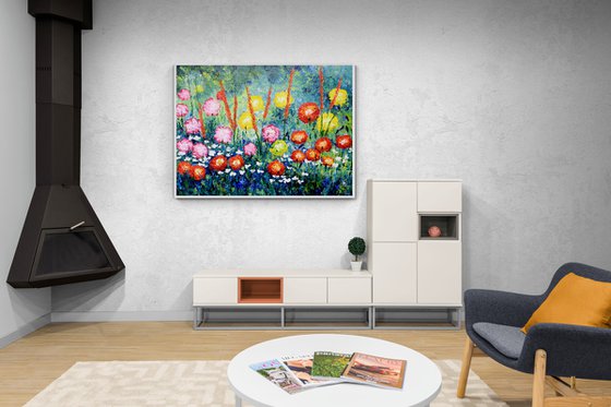 Red pink white white flowers painting original