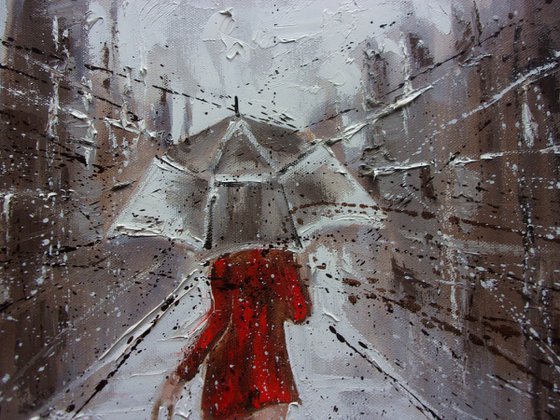 " MY CITY ... "  RAIN street spring summer original painting CITY palette knife GIFT