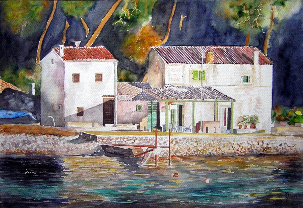 Impressionistic Cityscapes Watercolour By Zoran Mihajlovic Muza, 19 X 13", Mediterranean Houses, Original Artwork