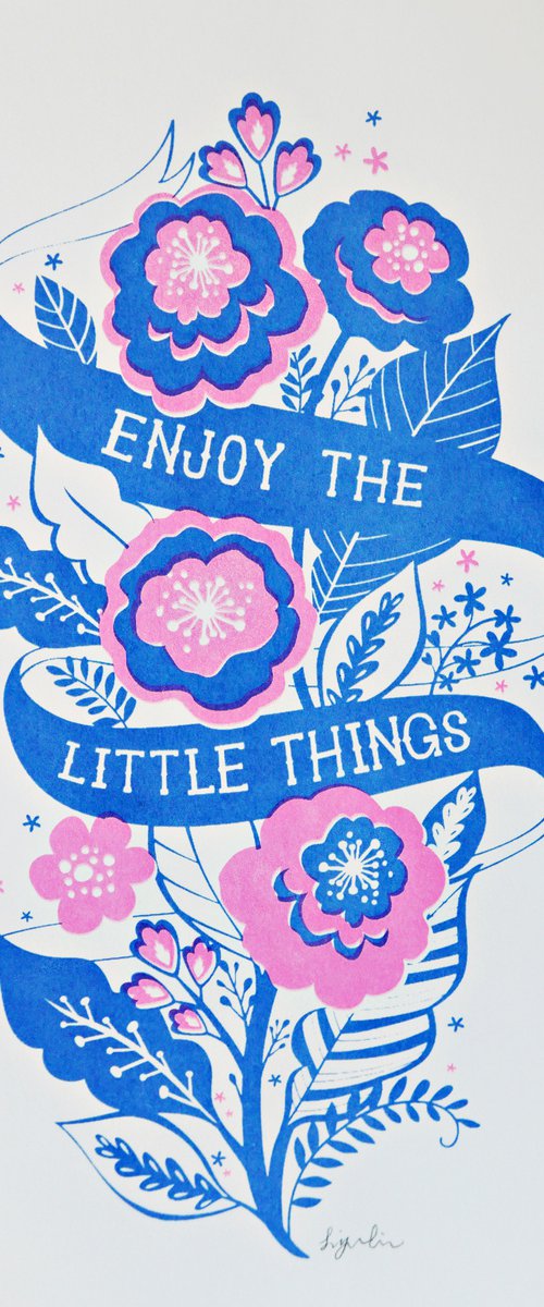 Enjoy The Little Things, Inspirational Quote Floral Art Print by DoodleDuck Designs