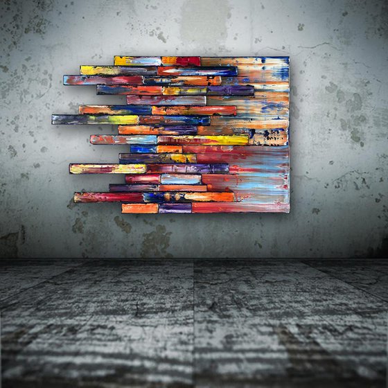 "Stacking Up" - Original PMS Assemblage Sculptural Painting On Wood and Wooden Pieces - 36 x 24 inches