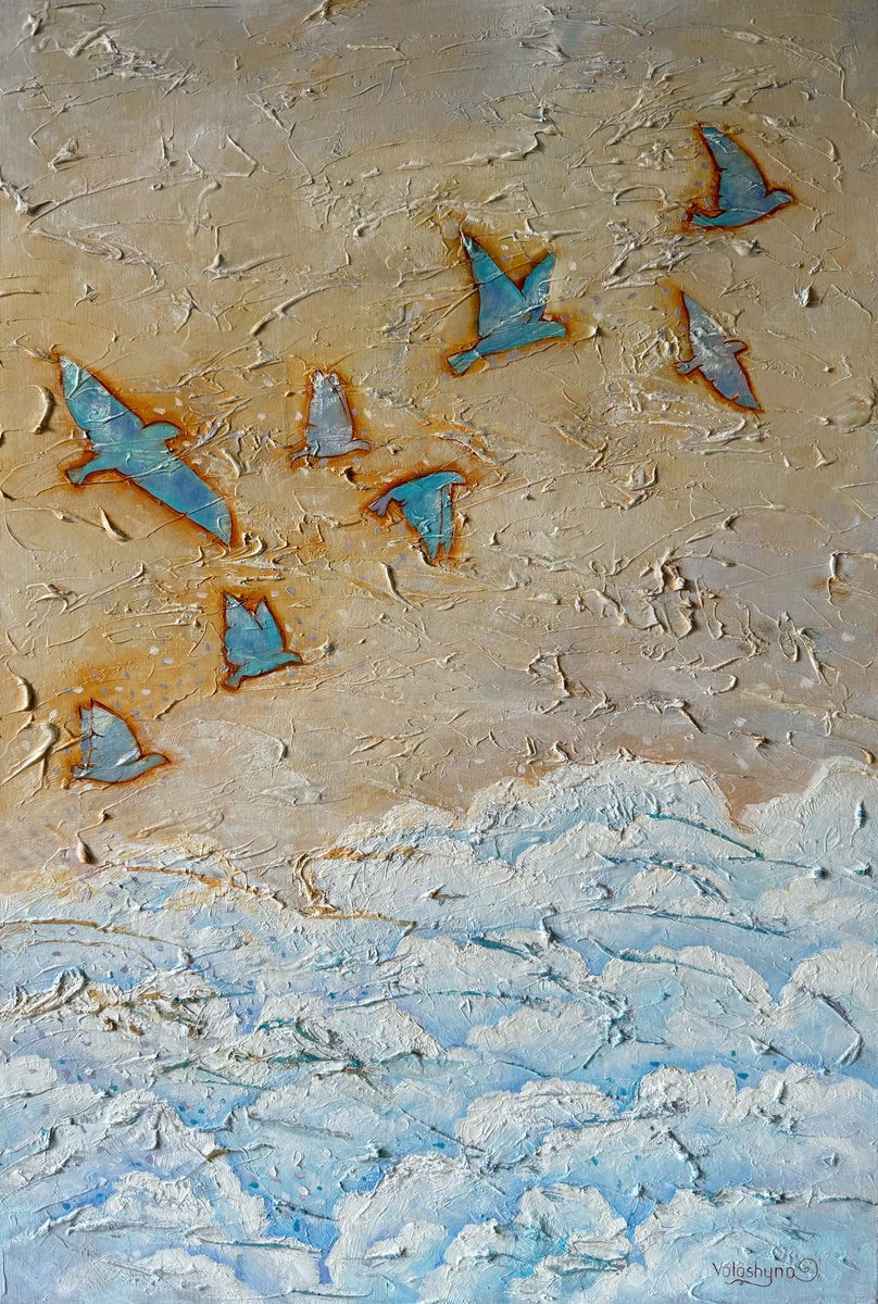 Impressionistic Animal Oil Painting By Mary Voloshyna, 24 X 35", Flying Over The Sky, Original Artwork