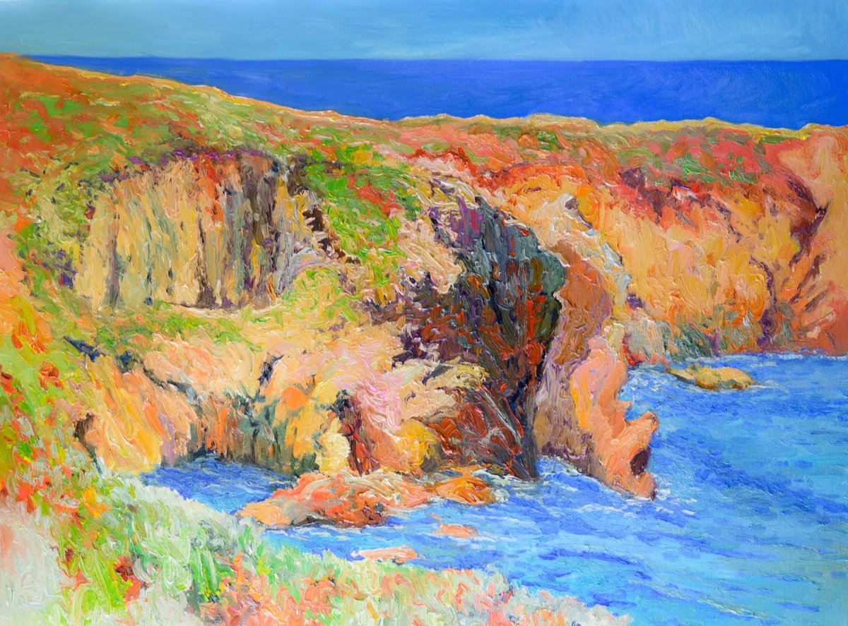 Expressive Landscape Oil Painting By Suren Nersisyan, 40 X 30", Rocks On Pacific Ocean, Original Artwork