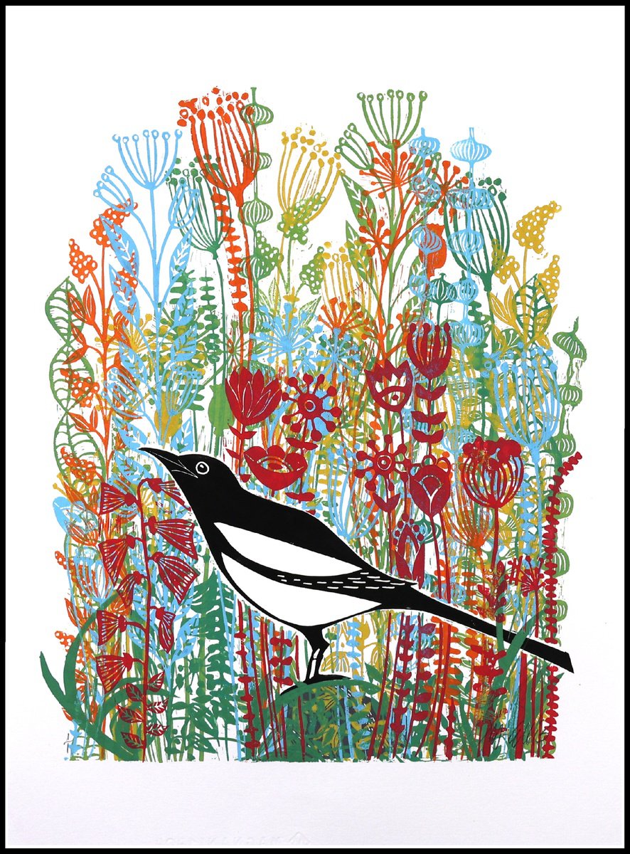Illustrative Linocut , Magpie Dreams By Mariann Johansen-Ellis, 20 X 27, Artwork For Sale On Artfinder