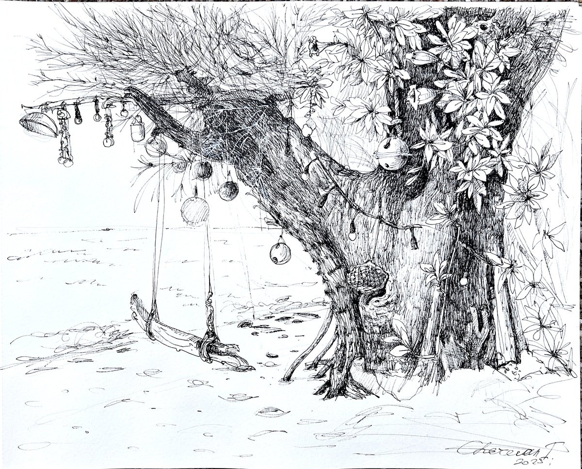 Ink Drawing , Two Worlds On One Sheet By Tetiana Cherevan, 16 X 13, Artwork For Sale On Artfinder