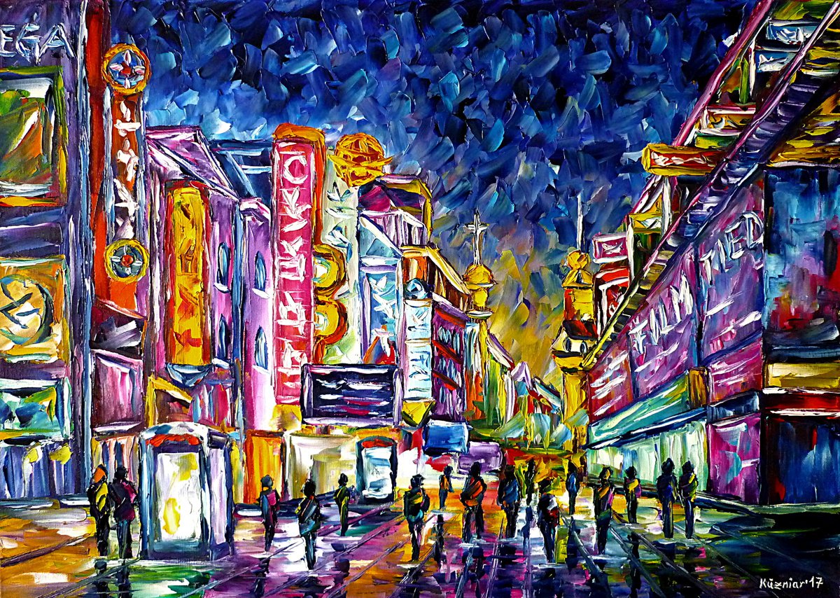 Expressive Cityscapes Oil Painting By Mirek Kuzniar, 28 X 20", Shanghai At Night, Downtown I, Original Artwork