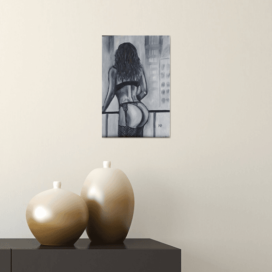 Girl in a big city, original nude erotic gestural black and white nude oil painting