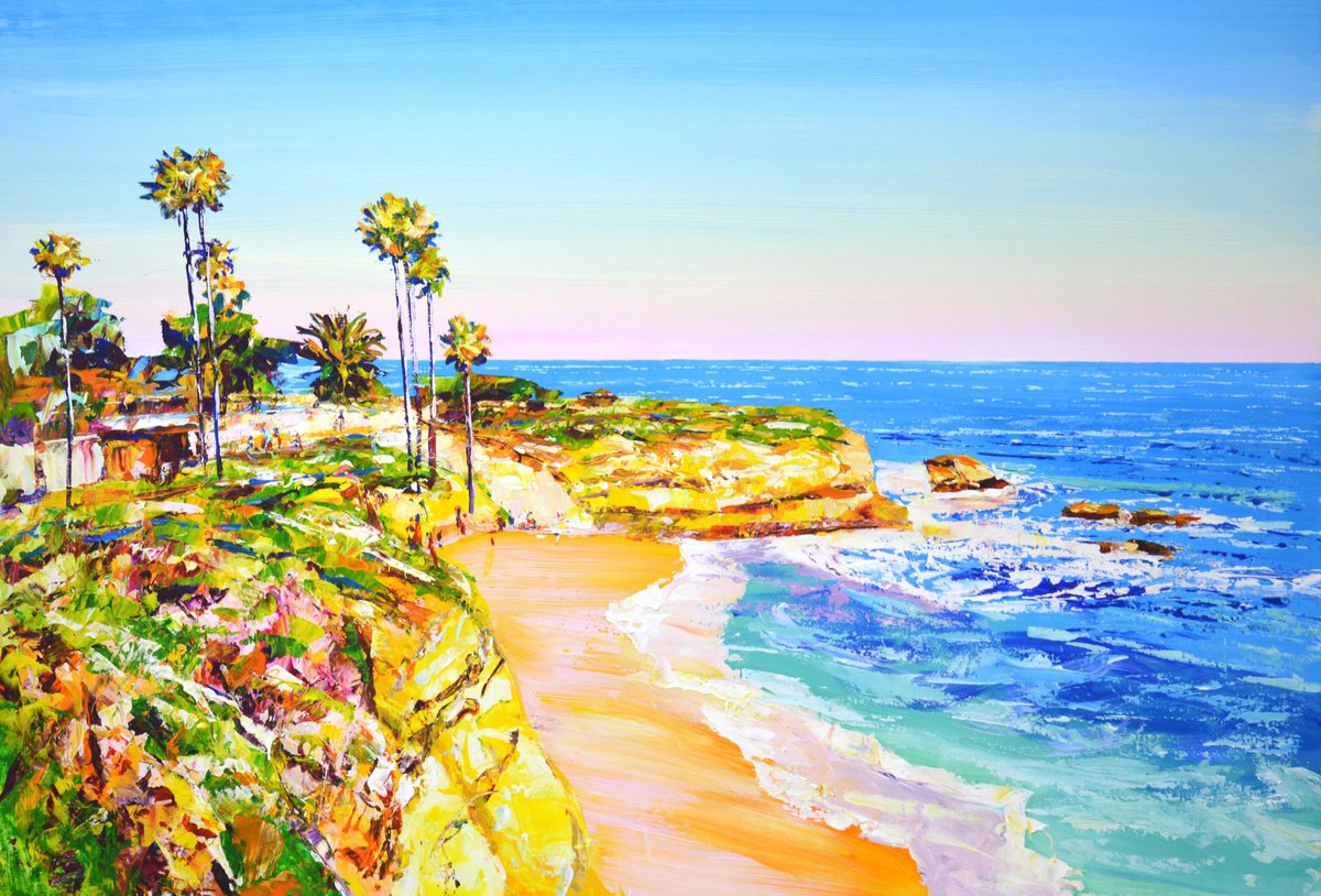 Impressionistic Landscape Acrylic Painting By Iryna Kastsova, 47 X 31, California. Ocean. Beach 3., Original Artwork