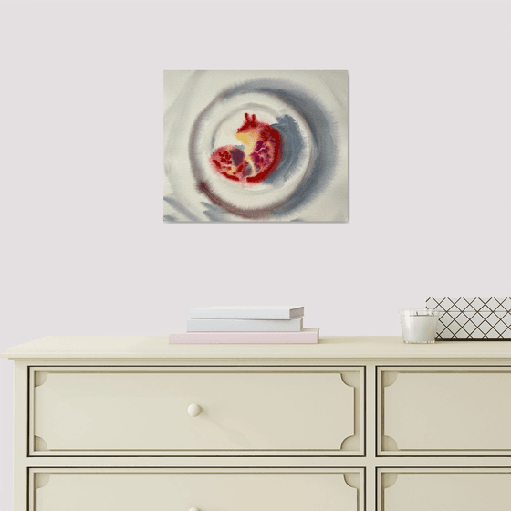Pomegranate Watercolor Painting Original, Fruit Wall Art, Kitchen Decor, Abstract Brush Strokes Artwork