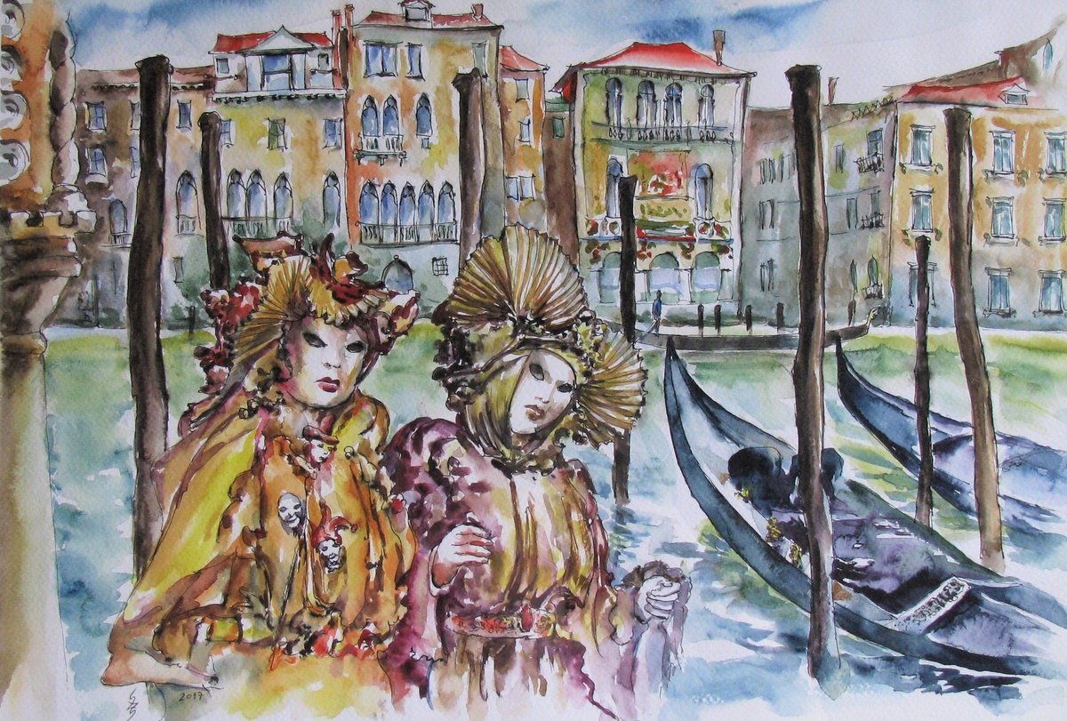 Impressionistic Cityscapes Watercolour By Szekelyhidi Zsolt, 24 X 20", Carnival In Venice, Original Artwork