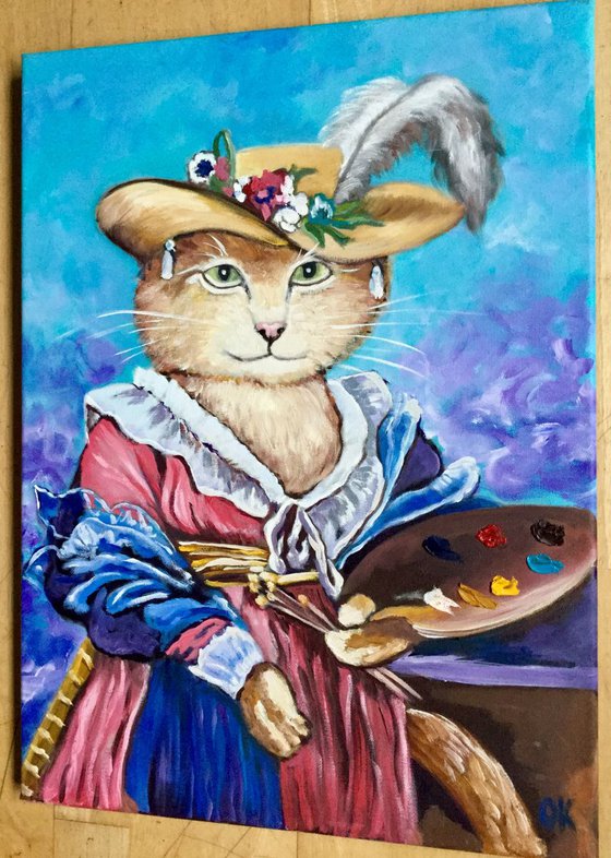 ARTIST. FELINE ART. CAT IN A HAT.