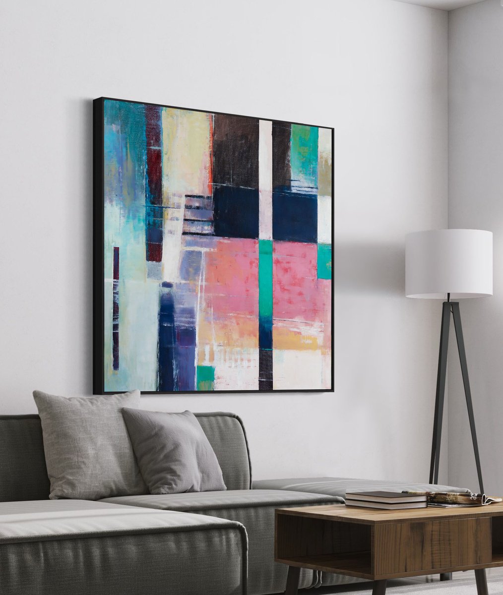 Abstract Oil Painting By Bo Kravchenko, 48 X 48, Linear Abstract Rectangles #1, Original Artwork