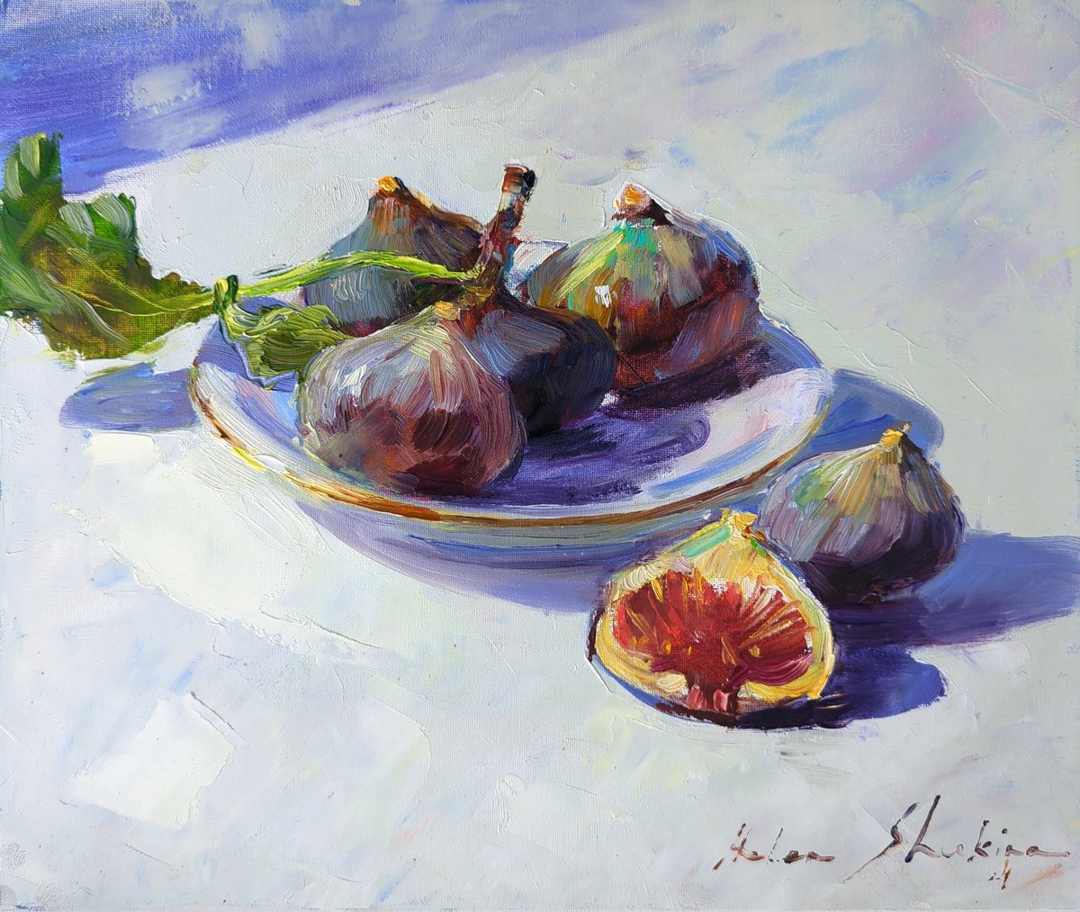 Impressionistic Still Life Oil Painting By Helen Shukina, 12 X 10, Sunny Fruit, Sweet Fig, Original Artwork
