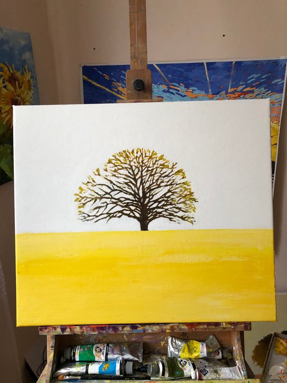 Lonely tree in yellow field, minimalist oil painting, tree of life