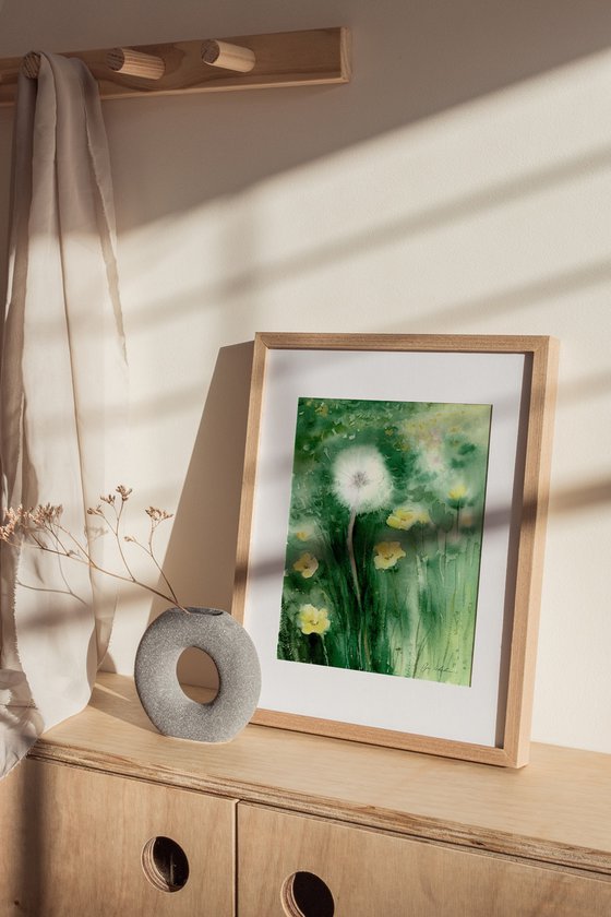 Watercolor dandelion field