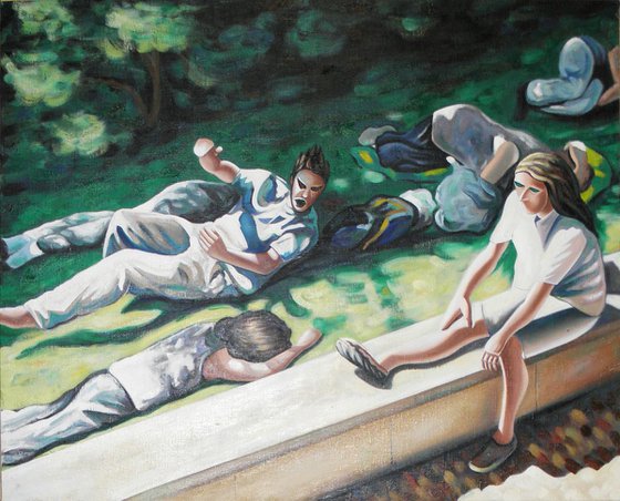 Oil painting on canvas La sieste interrompue