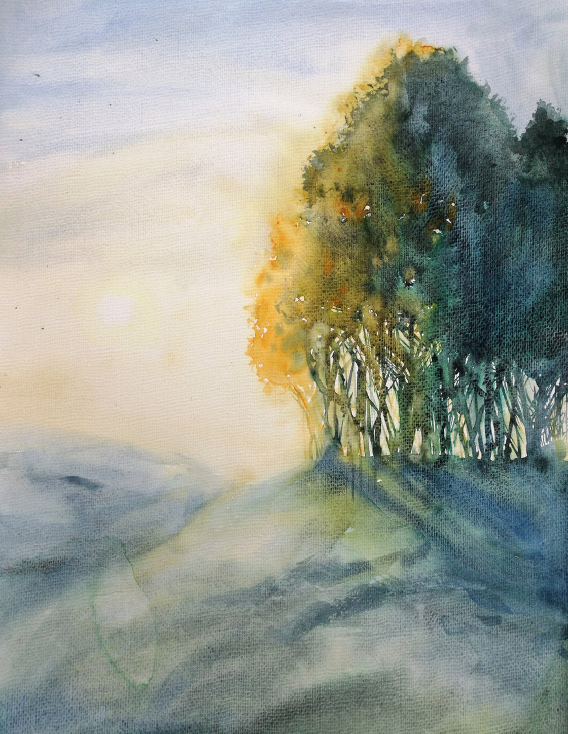 Serenity - sunrise hills forest original watercolor landscape Watercolour  by Olga Beliaeva Watercolour