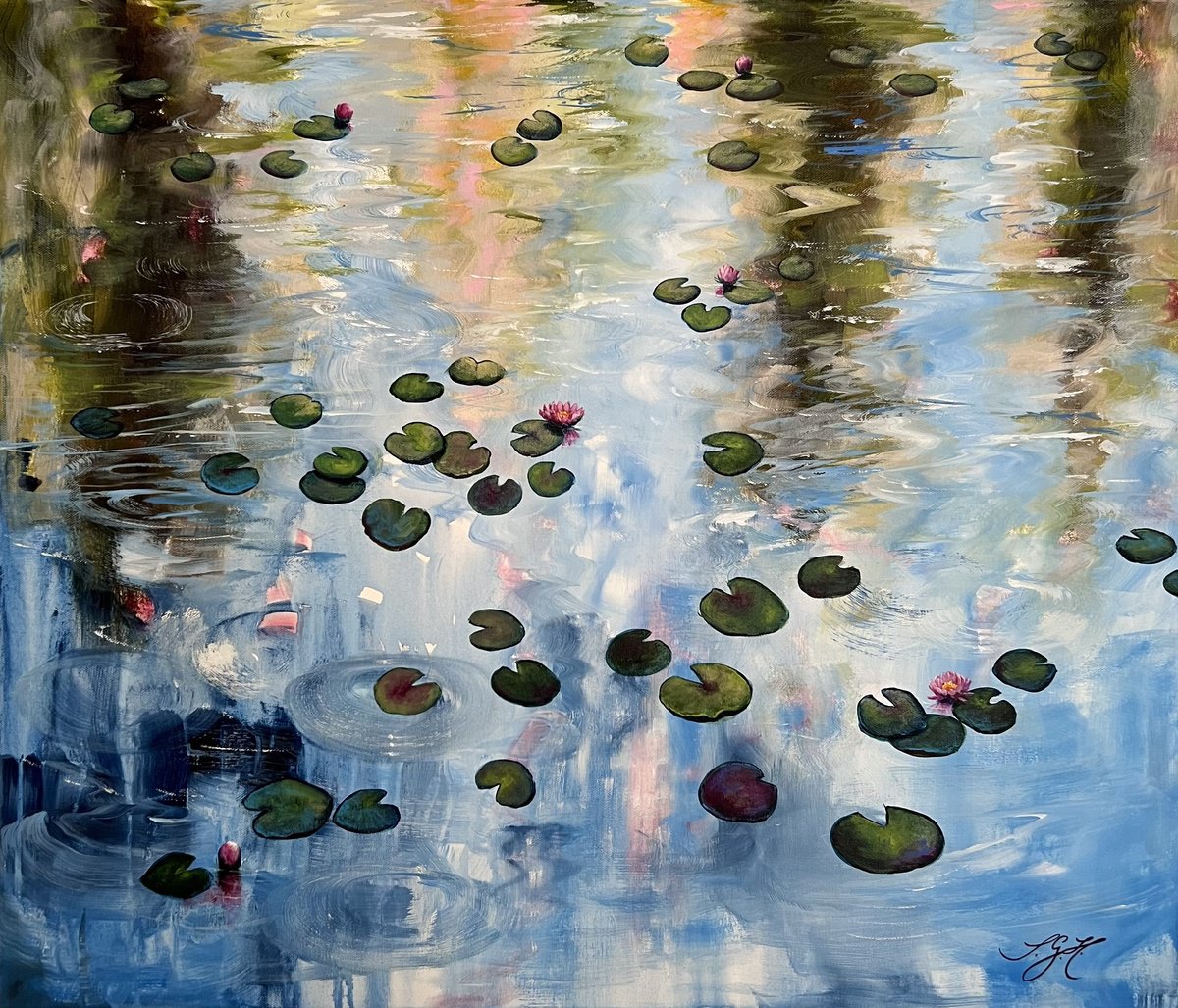 Impressionistic Botanical Acrylic Painting By Sandra Gebhardt-Hoepfner, 28 X 24", Happy At The Pond 10, Original Artwork