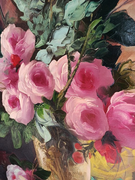 Still life pink roses (60x90cm, oil painting, ready to hang)