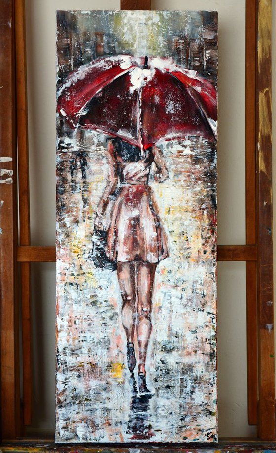 Red Umbrella- Long Deep Edge Canvas Ready to Hang, Palette Knife, CITY