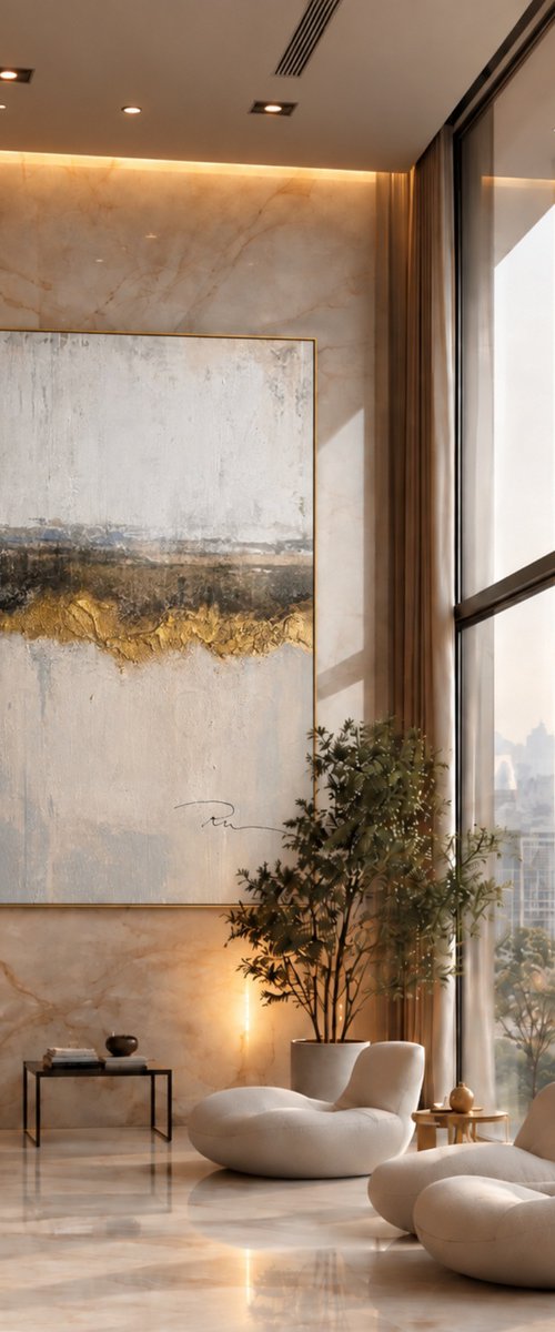 Abstract Gold Horizon in Textured Mist by Indie Ru