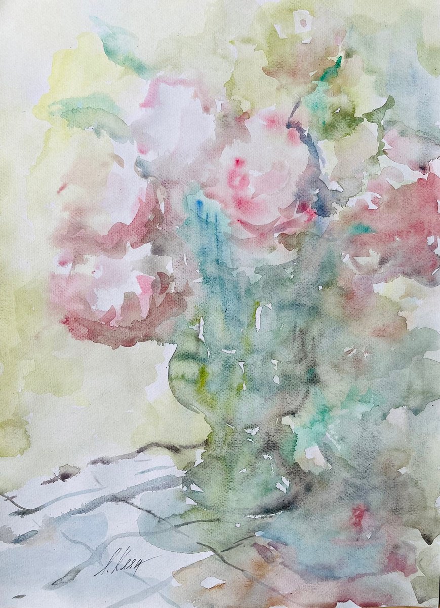 Impressionistic Botanical Watercolour By Elena Klyan, 12 X 16, Roses 30X40 Cm 2025, Original Artwork