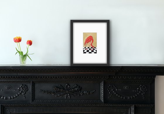 Bird portrait of a flamingo on a chessboard, gift idea for bird lover