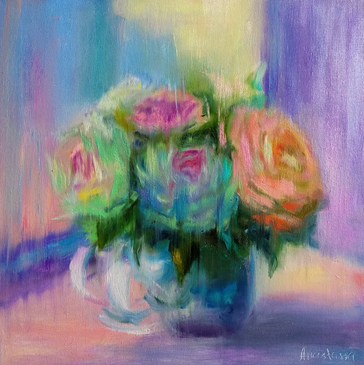 Shining Roses Bouquet Flowers on Canvas Beautiful Tender Gift by Anastasia Art Line