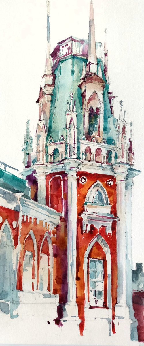 Architectural landscape "Tsaritsyno Park" original watercolor painting by Ksenia Selianko