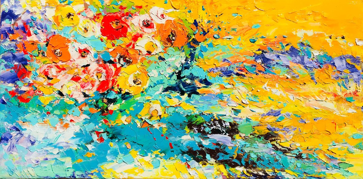 Abstract Botanical Oil Painting By Svitlana Andriichenko, 24 X 12", Flower Rainbow, Original Artwork