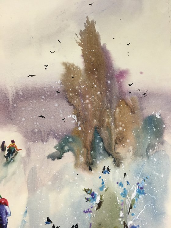 Watercolor “Winter childhood games” perfect gift