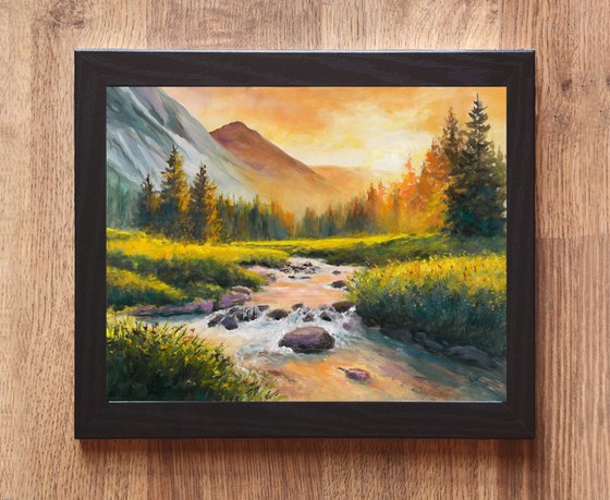 Pine trees by the river sunset