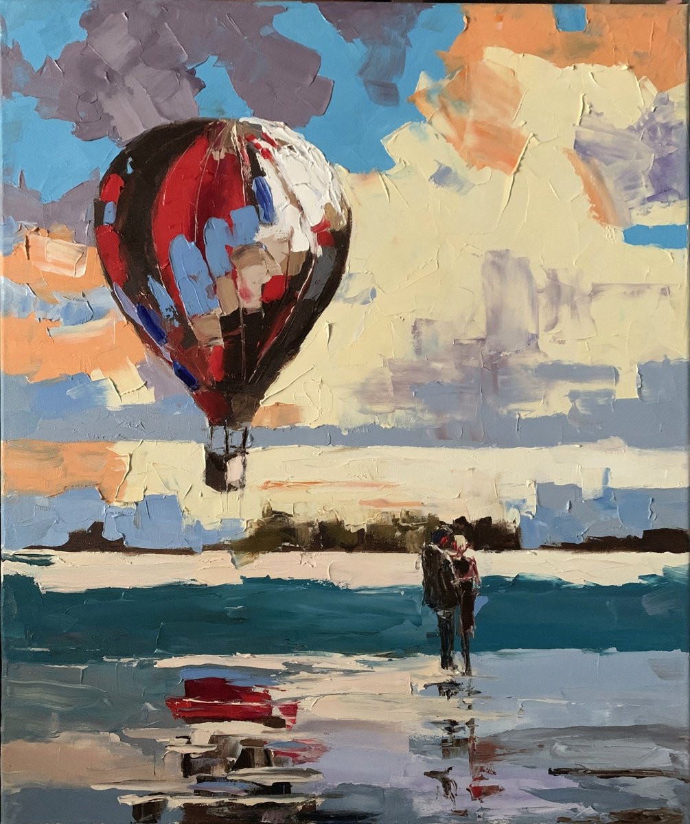 Expressive Landscape Acrylic Painting By Vita Schagen, 20 X 24", Red, Yellow, Blue Air Balloon. Seascape., Original Artwork