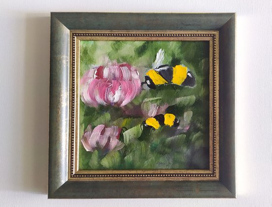 Bees, small framed oil painting, flower, gift idea, art for home