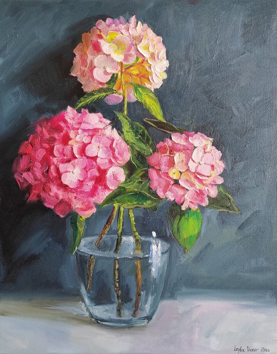 Pink hydrangea bouquet original oil painting still life 16x20"